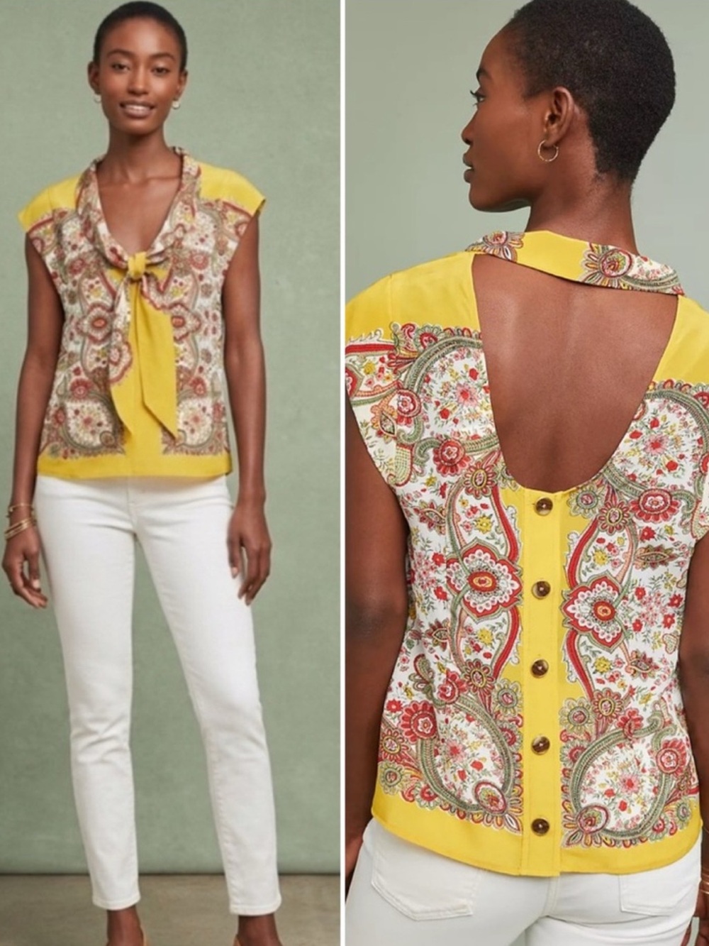 NWT Anthropologie Maeve Silk Pattern Cutout Blouse Top 8 Petite Vintage Style